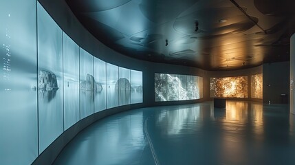 Poster - The space is relatively dark, with a curved screen that displays the process of the image and a sense of technology.