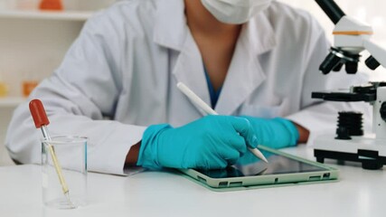 Poster - laboratory chemistry researcher develop new medicine or cure using microscope. technological advance