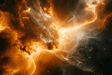 abstract cosmic nebula with fiery orange and white clouds and a starry background.