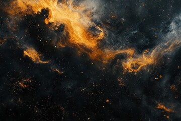 abstract cosmic nebula with swirling orange and grey clouds against a starry black background.