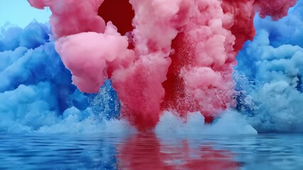 Poster - Vivid pink and blue smoke clouds dramatically erupt over a reflective water surface, creating a powerful and dynamic visual effect.