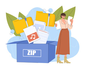 Poster - woman with zip file. young girl with archive with documents and pictures. download and uploading of 