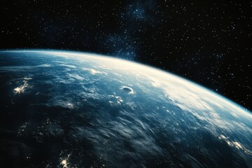 earth from space, showing a blue and green planet with clouds and a starry sky.