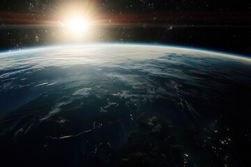 Wall Mural - Earthrise over a blue planet with a sun rising in the distance.