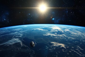 Wall Mural - earthrise over a blue planet with sun shining brightly in the dark space.