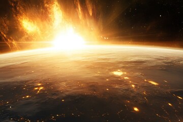 Wall Mural - Fiery explosion in space near a planet.