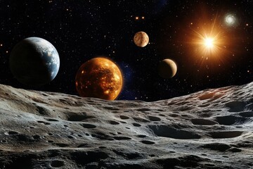 Wall Mural - Planets and a sun over a cratered surface.