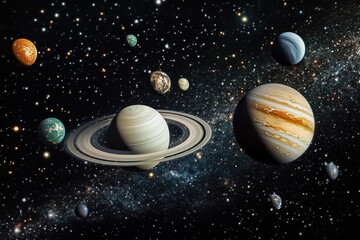 Wall Mural - Planets in a starry night sky with a large planet in the center with rings.