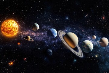 Wall Mural - solar system planets in space with milky way.