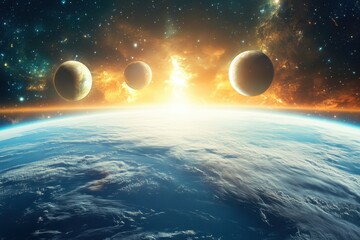 Wall Mural - Sunrise over a distant planet with three moons in a colorful nebula.