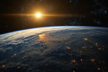 Wall Mural - Sunrise over Earth from space, showing clouds, city lights, and a glowing sun.
