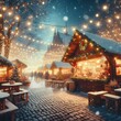 © R-CHUN - A cozy market with festive stalls, warm lights, and falling snow.
