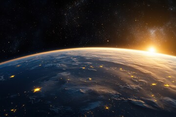 Wall Mural - Sunrise over Earth from space, showing the planet's curvature and the glow of city lights.
