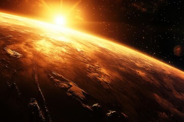 Wall Mural - sunrise over earth from space, showing the planet's horizon and clouds with a glowing sun in the bac
