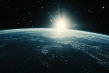 Wall Mural - sunrise over earth from space, with a bright sun and a dark sky.