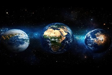 Wall Mural - Three Earth globes against a black space background.