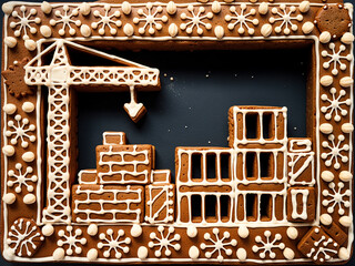 Poster - gingerbread construction site with crane on neutral background. Generative AI