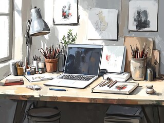 Poster - A well-organized artist's workspace with a laptop, pencils, paints, and other art supplies on a wooden desk with a window and sunlight streaming in.