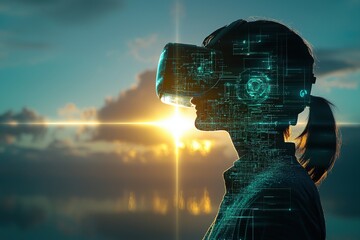 Poster - Woman in VR Headset at Sunset Future Tech Metaverse Concept