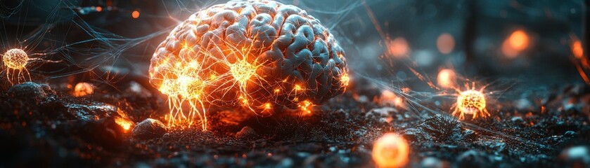 Poster - Glowing Human Brain Neural Network Neuron Connections Dark Background Medical Science Neurology