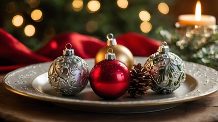 Festive Christmas Ornaments Resting On Elegant Plate