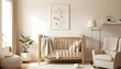 © Sharif54 - A cozy nursery with a wooden crib, a framed floral artwork on the wall, and various decorative elements like a plant and a white lamp