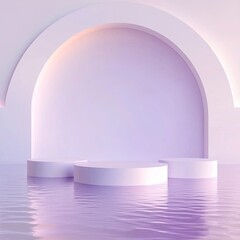 Poster - a photo of three various height top view podiums on lake water in front of white arch, white and purple pastel gradient room with soft shadows. playful lights, generative ai
