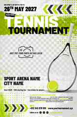 Wall Mural - tennis tournament poster template with ball, racket, arrows, grungy and halftone elements and place 
