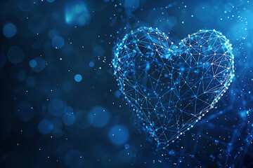 Abstract representation of a glowing blue heart shape composed of interconnected lines and glowing dots, symbolizing love, technology, and digital connection in a modern aesthetic.