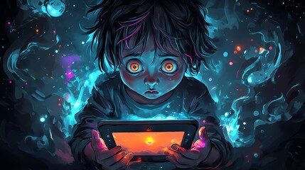 Poster - A young child stares intensely at a glowing tablet, their face a mixture of wonder and anxiety, surrounded by swirling blue and orange lights, suggesting a digital world.