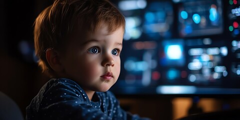 Poster - A young child with blue eyes looking at a computer screen with many windows open.