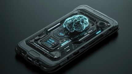 Poster - 3D render of a sleek mobile phone with robotic components and a pulsing AI brain core, representing cutting-edge AI tech