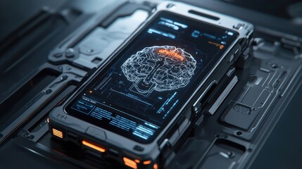 Poster - 3D render of a sleek mobile phone with robotic components and a pulsing AI brain core, representing cutting-edge AI tech