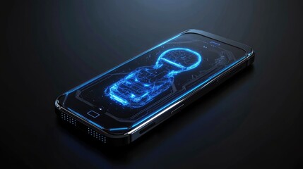 Poster - 3D futuristic phone with AI brain and robotic details, sleek metallic finish, simple background