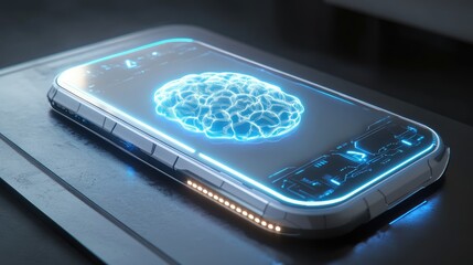 Poster - 3d futuristic mobile phone design with ai brain glowing at the core, robotic detailing around edges