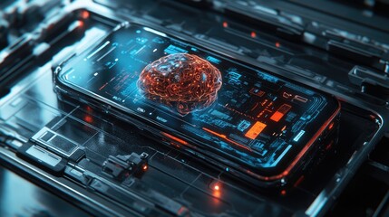 Poster - 3D render of a sleek mobile phone with robotic components and a pulsing AI brain core, representing cutting-edge AI tech