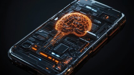 Poster - 3D render of a sleek mobile phone with robotic components and a pulsing AI brain core, representing cutting-edge AI tech