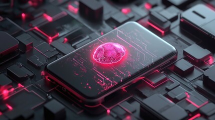 Poster - 3D render of mobile phone with AI brain at center, surrounded by sleek robotic features