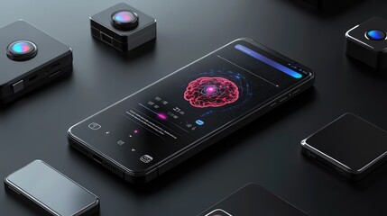 Poster - 3D render of mobile phone with AI brain at center, surrounded by sleek robotic features