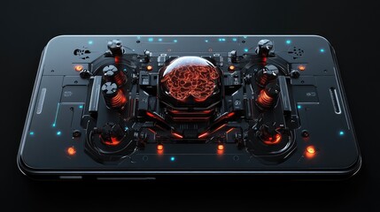 Poster - 3D render of mobile phone with AI brain at center, surrounded by sleek robotic features