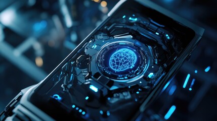 Poster - Close-up of smartphone with robotic elements and central AI brain, futuristic tech concept