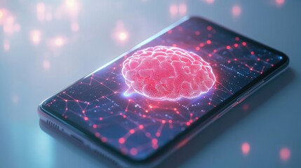 Poster - Close-up of smartphone with robotic elements and central AI brain, futuristic tech concept