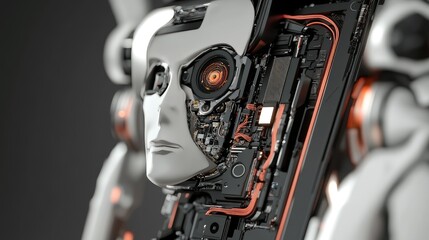 Poster - Close-up of smartphone with robotic shell and visible AI brain, digital rendering