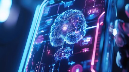 Poster - Close-up of smartphone with robotic elements and central AI brain, futuristic tech concept