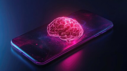 Poster - Concept of mobile phone with AI brain glowing at center, robotic design showing advanced tech
