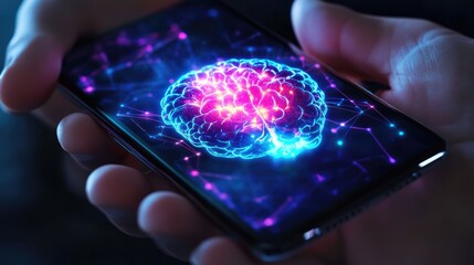 Poster - Concept of mobile phone with AI brain glowing at center, robotic design showing advanced tech