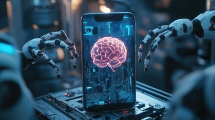 Poster - Futuristic mobile phone with robotic arms and glowing AI brain at its center, symbolizing advanced artificial intelligence