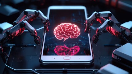 Poster - Futuristic mobile phone with robotic arms and glowing AI brain at its center, symbolizing advanced artificial intelligence