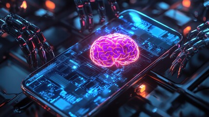 Poster - Futuristic mobile phone with robotic arms and glowing AI brain at its center, symbolizing advanced artificial intelligence