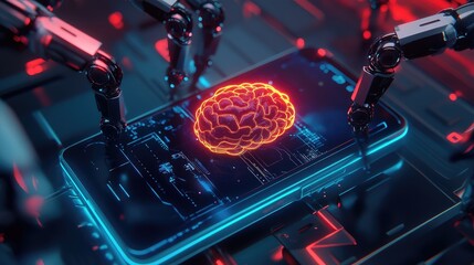 Poster - Futuristic mobile phone with robotic arms and glowing AI brain at its center, symbolizing advanced artificial intelligence